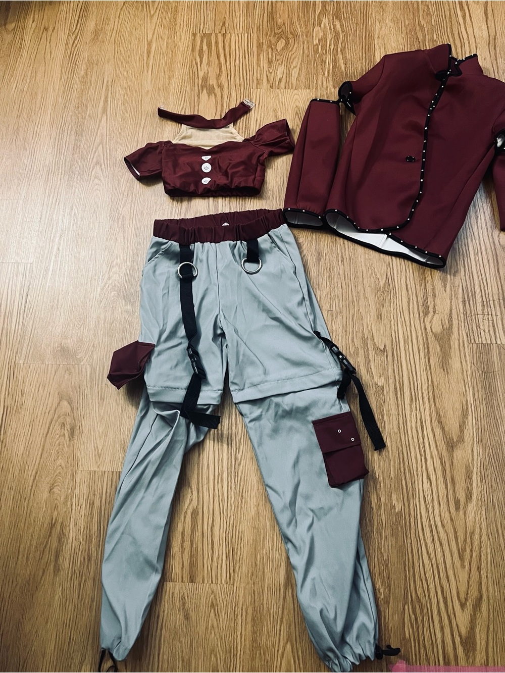 Girl’s Two-Tone Cargo Dance Pants - Maroon & Gray - with white suspenders